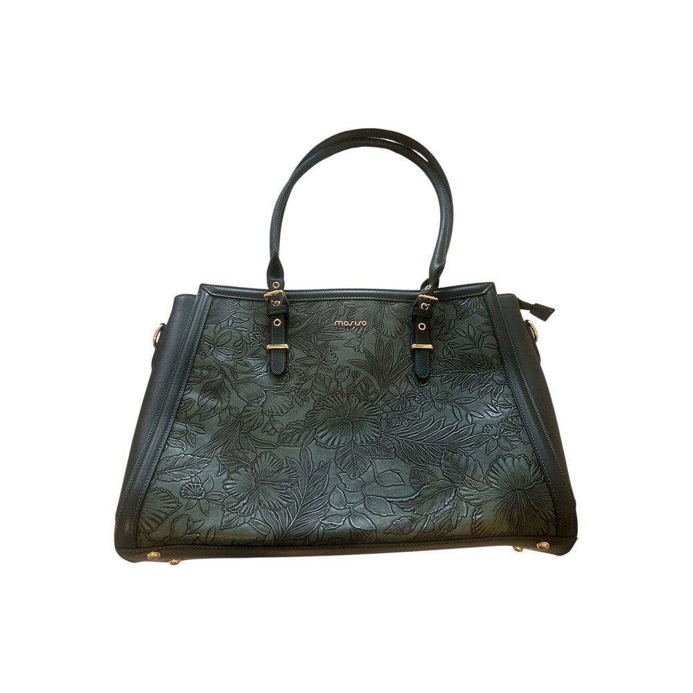 Mosiso Green Floral Embossed Laptop Tote Bag Professional Work Briefcase Handbag